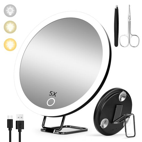 Magnifying Mirror 5X with Light Large 6'' 3 Colors Dimming Lighted Magnified Mirror with Table Stand & Suction Cups, Rechargeable Travel Magnifying Mirror 5X Magnification with Tweezers & Scissors