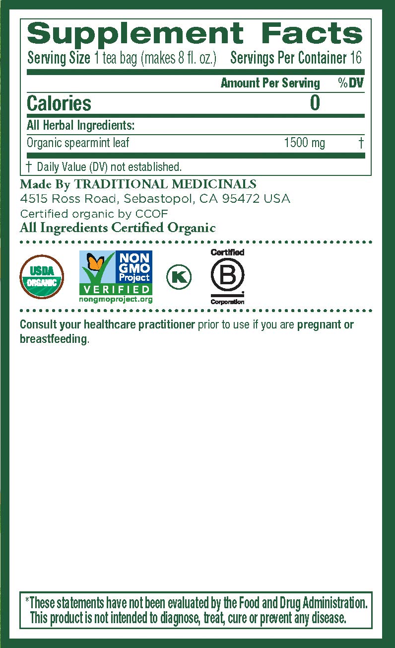 Traditional Medicinals Tea, Organic Spearmint, Supports Everyday Wellness, Healthy & Refreshing, 16 Tea Bags