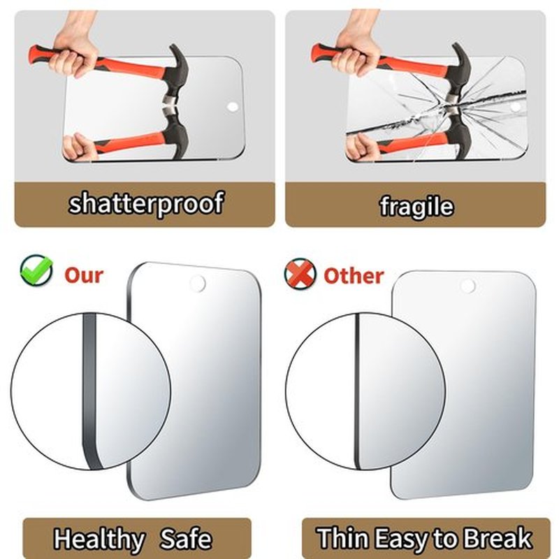 Shower Mirror for Shaving, Larger 11 x 8 Inch Mirror for Wall Hanging Kids Safety, Frameless Portable Travel Camping Mirrors, Unbreakable Handheld Locker Mirror, Shave Mirror, Makeup Plastic, Bathroom