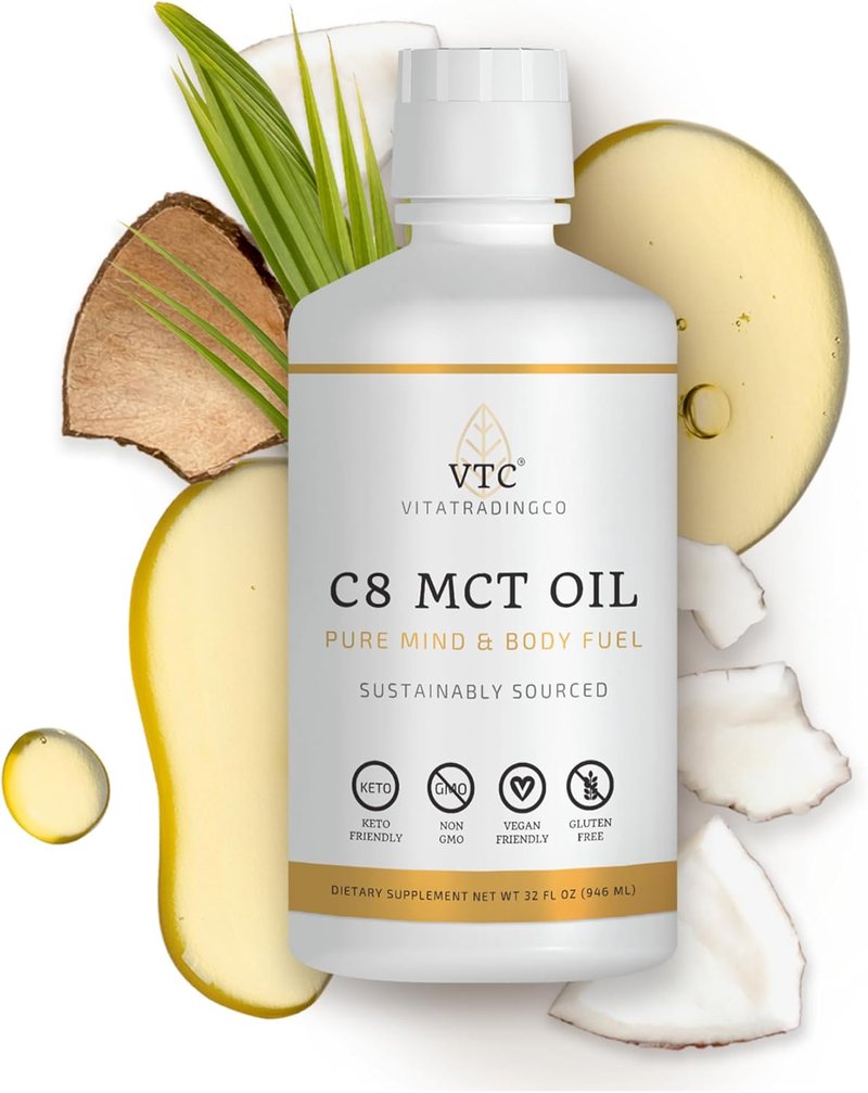100% Pure C8 MCT Oil - 3X Distilled Caprylic Acid for Clean Energy | Non-GMO, Paleo, Keto | 32oz, 64 Servings
