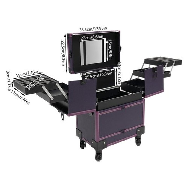 PalaUha Rolling Makeup Train Case Professional Cosmetic Organizer Trolley with Drawers Compartment Nail Case Wheeled Manicure Pedicure Storage Case for Hair Stylists Makeup Artists (Purple & Black A)