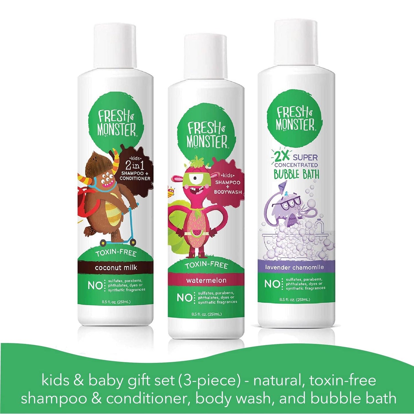 Fresh Monster Kids Bath Gift Set - Natural Shampoo, Conditioner, Body Wash & Bubble Bath (8.5 oz)