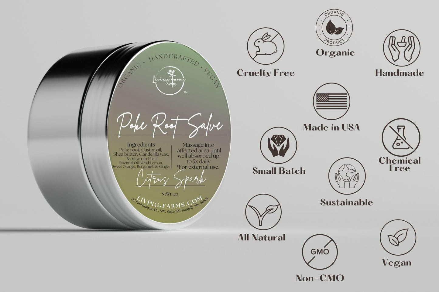 Organic Poke Root & Castor Oil Salve | Vegan Lymphatic Support | Enriched with Essential Oils | Cysts, Boils, Fibroids, Swollen Lymph Nodes, Breast & Joint (1oz, Citrus Spark)