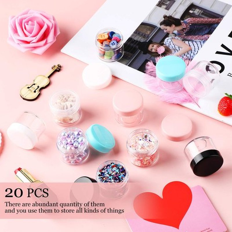 20 Pieces Round Pot Jars Plastic Cosmetic Containers Set with Lid for Liquid Creams Sample, 20 ml/ 0.7 oz (Black, White, Clear, Pink, Teal Lid)