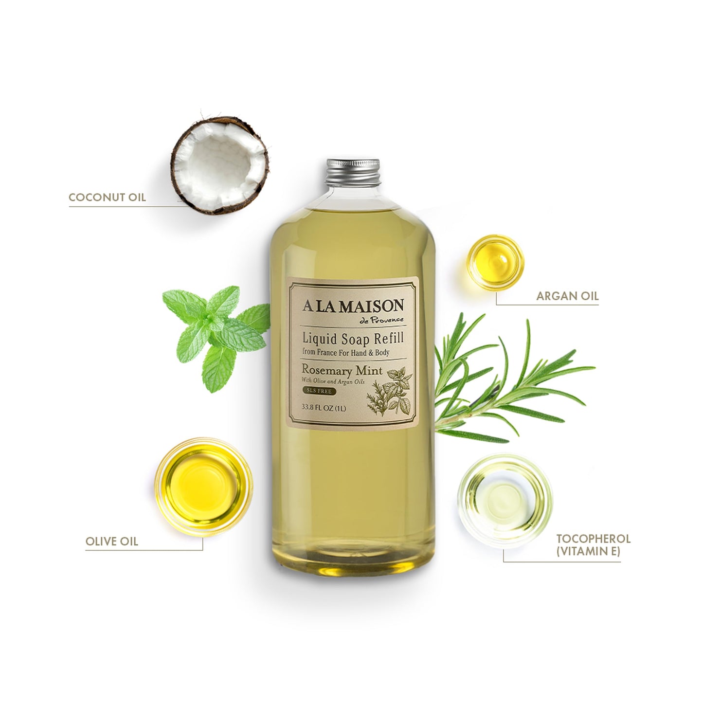 A LA MAISON Rosemary Mint Natural Hand Wash Made with Essential Oils - Biodegradable, Plant-Based, Vegan, Cruelty-Free 33.8 Fl Oz Refill Bottle, 1 Pack
