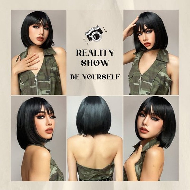 Aida ble Black Bob Wigs With Bangs - 12'' Short Black Bob Wigs for Women Super Soft and Easy to Wear Straight Bob Wig, Colorful Synthetic Wig for Daily, Cosplay, Halloween…
