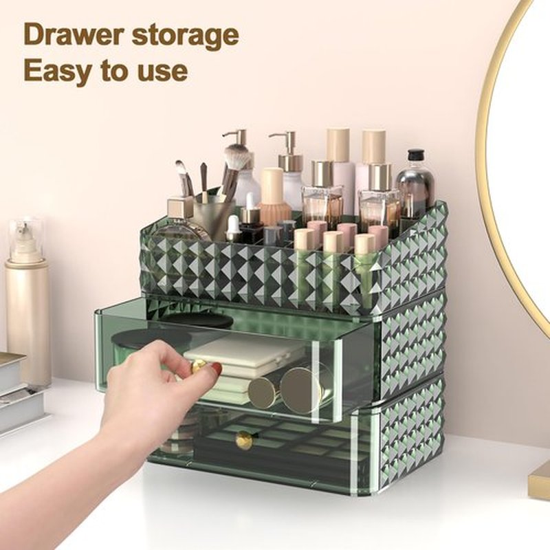 Rosoenvi Makeup Organizer for Vanity, Stackable Cosmetics Organizer and Storage, Cosmetic Display Cases with 2 Drawers and 1 Tray for Makeup Brush, Hair Accessories, Lipstick and Jewelry, Green