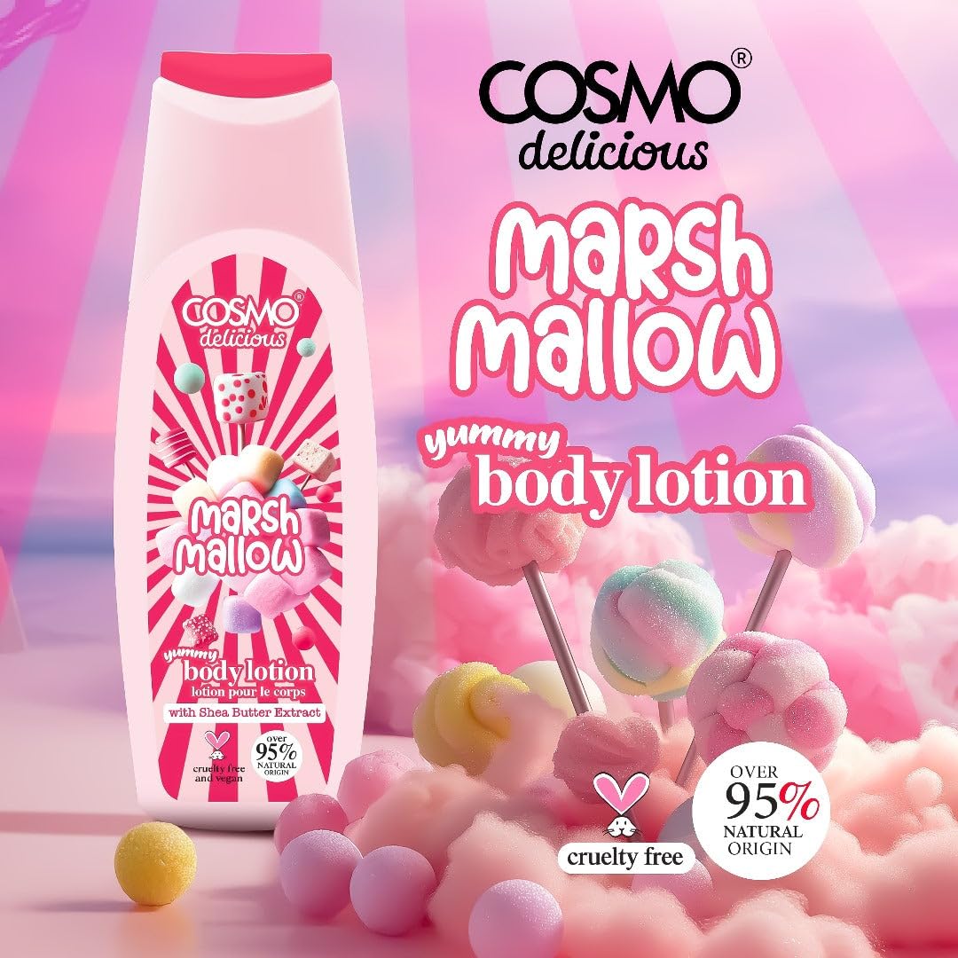 Cosmo Delicious Sweet Marsh Mallow With Shea Butter Pure Hydration Body Lotion 400ml, Hydrating & Nourishing, Non Greasy, Light Weight, Fast Absorbing Lotions, For All Skin Types, Marshmallow Scent