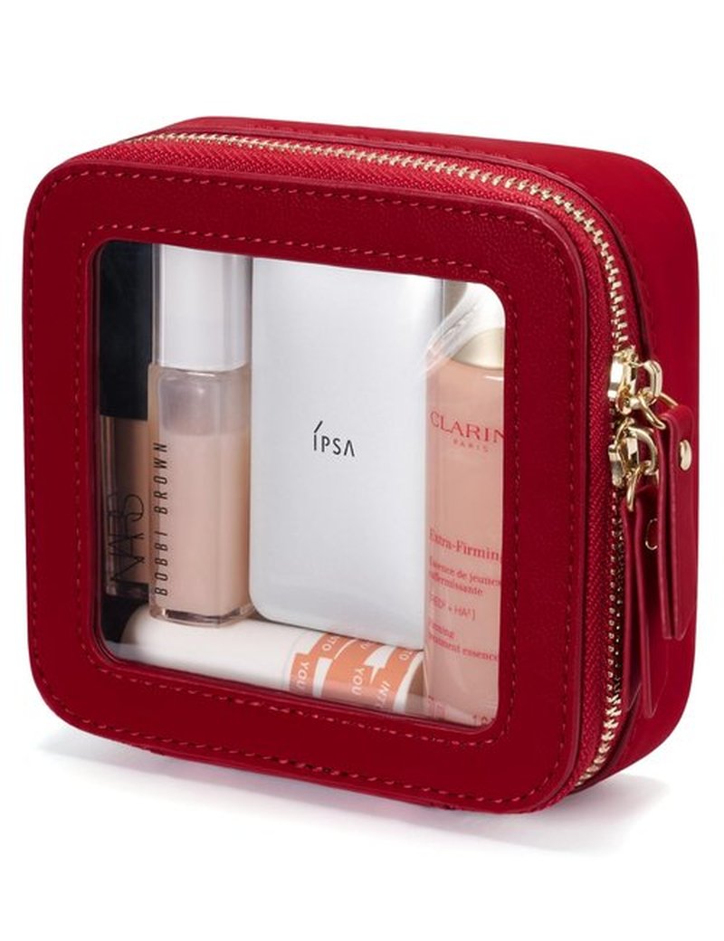 Popvibe Clear Makeup Bag Travel Cosmetic Case Transparent Toiletry Bag with Zipper, Portable Make Up Organizer Traveling Compact Car Bag for Essentials, Red, Mini
