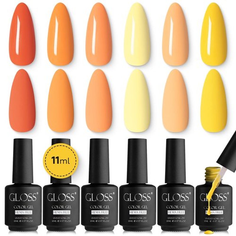 GLOSS HEMA Free Gel Polish Set | 6 Pcs Yellow Gel Nail Polish with Red, Yellow, Canary, Orange, Light Yellow & Light Orange Colors, Soak off UV LED Gel Polish, Manicure at Home Nail Art Gel