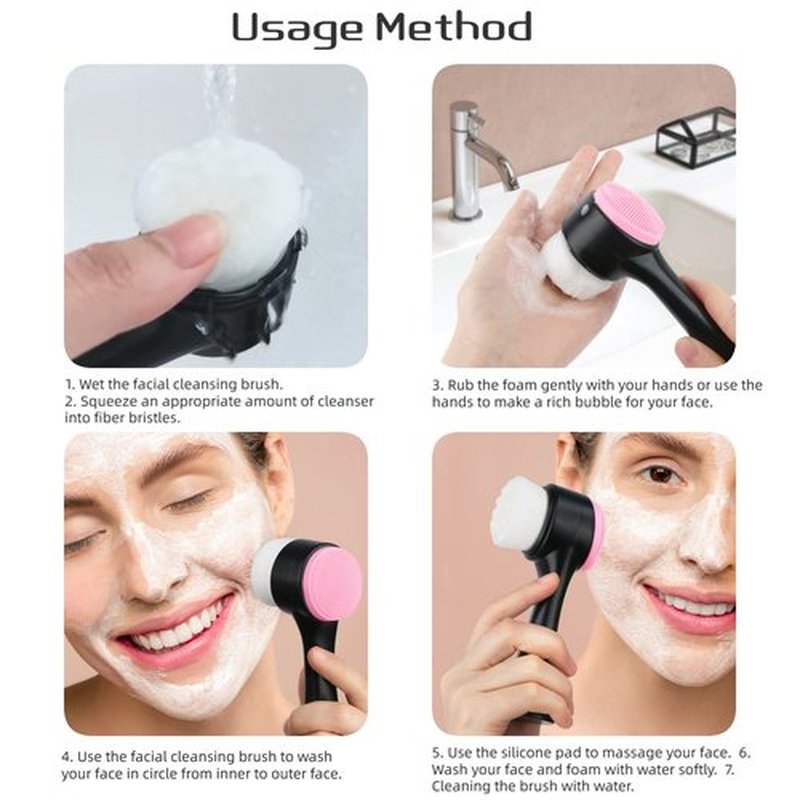 Beomeen Face Brush 2 in 1, Facial Cleansing Exfoliating Scrubber Brush, Silicone Double Side Face Wash Scrub Brush with Super Soft Bristles for Deep Pore Cleansing, Massaging, Skincare Makeup Removal