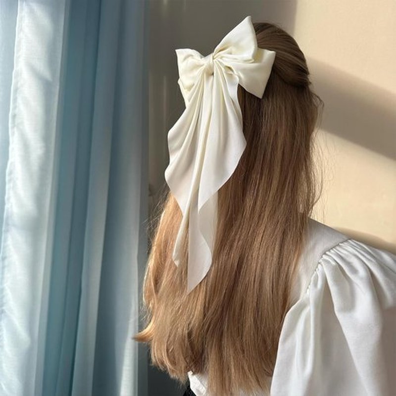 Hair Bows for Women Girls Silky Satin Big Bows Hair Barrettes Oversized Hair Accessories Long Tail Hair Ribbons -3Pcs -Black White Pink