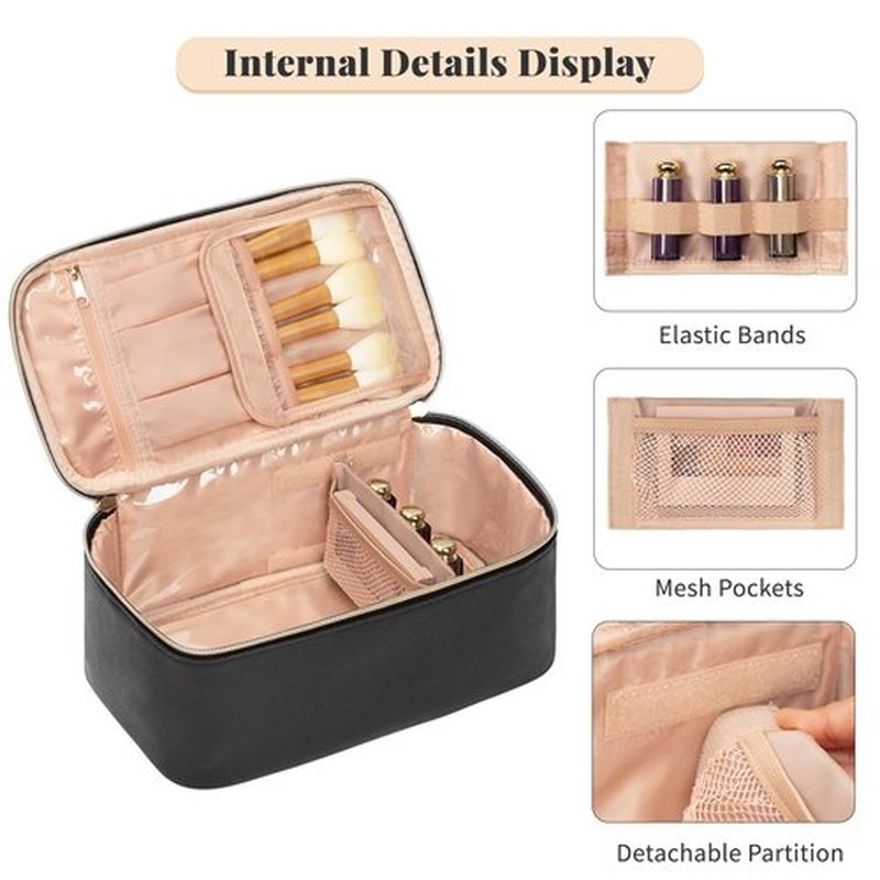OCHEAL Makeup Bag, Travel Makeup Bag Organizer Waterproof Cosmetics Make Up Bag,Toiletry Bag for Women,Large Capacity for Girls Daily Use Dorm Room Storage with Brush Comparment Dividers -Black