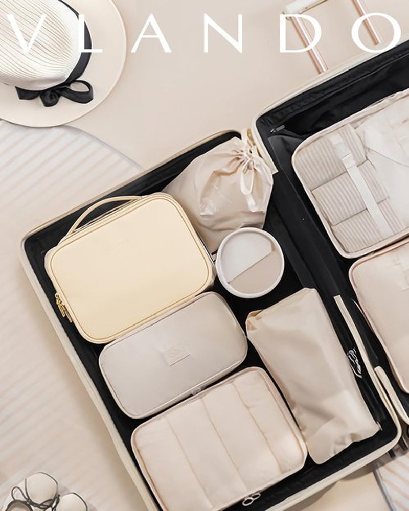 Vlando Travel Makeup Bag,Portable Cosmetic Bag Makeup Case Organizer, Makeup Bag with Adjustable Dividers for Women,Girls,Wedding,Cosmetic Brushes,Toiletry,Gifts,Anniversary-Beige