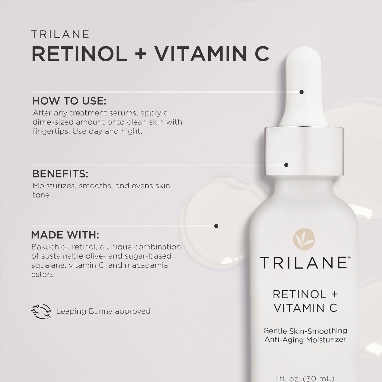 Trilane Retinol + Vitamin C with Squalane, Visibly Reduces the Signs of Aging for Softer, Smoother, More Radiant Skin with Zero Irritation, 1 fl. oz.