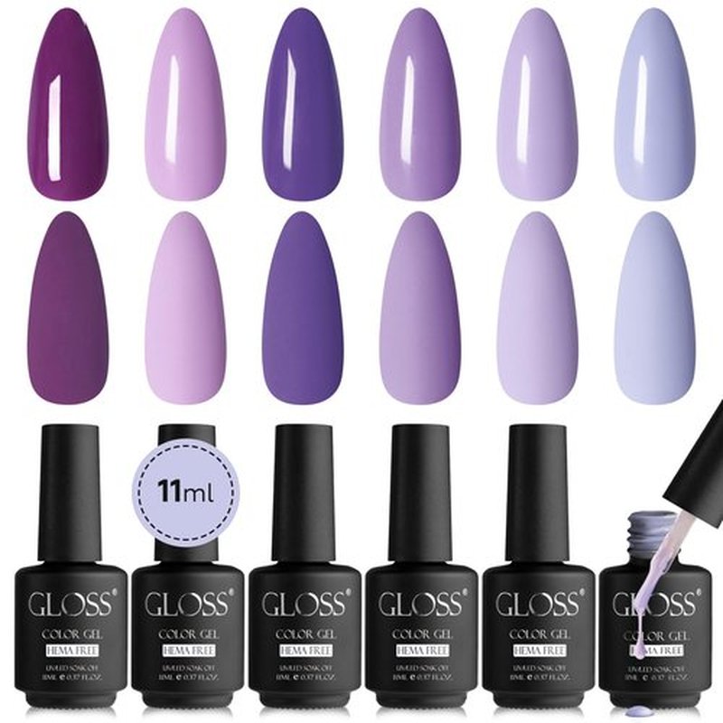 GLOSS Purple Gel Nail Polish Set | 6 Pcs HEMA Free Gel Polish with Purple, Blue, Violet, Dark Blue, Lavender & Lilac Colors, LED Nail Gel Polish, Nail Art DIY, at Home Gifts for Women & Girls