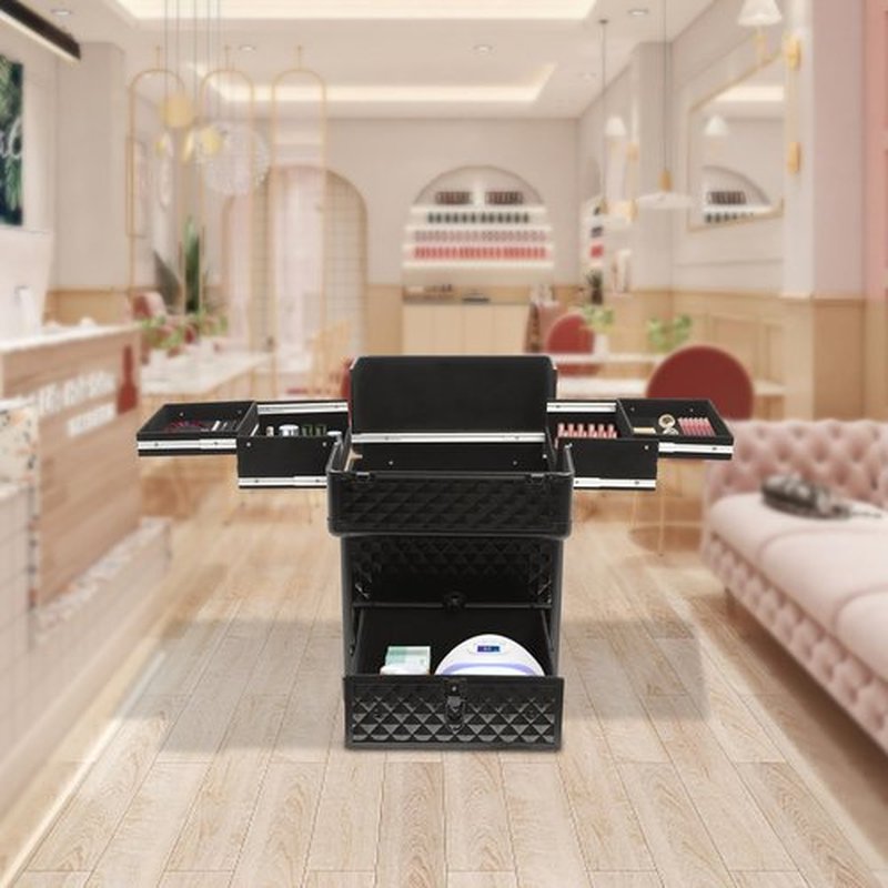 Rolling Makeup Train Case with Drawers&4 Wheel, Professional Aluminum Cosmetic Trolley Cases, Manicure Storage Case Trolley Makeup Case, Portable Beauty/Hair Styling Travelling Cart Trunk (Black)