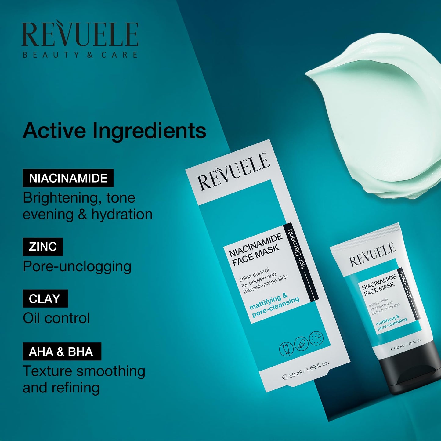 Revuele Niacinamide Face Mask – Pore Minimizing & Balancing Clay Formula with Zinc, Vitamin B3 & Macadamia Oil – Vegan Facial Skincare for Blemish-Prone Skin 1.69 fl.oz