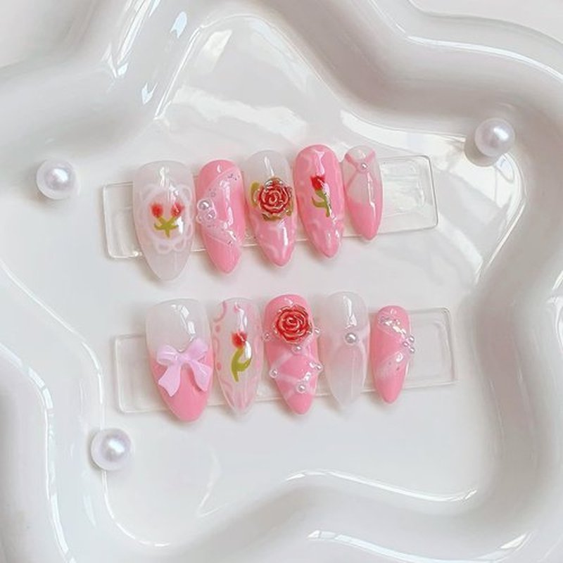 Handmade Press On Nails Short Almond,GlimightyX Thick Soft Gel UV Cured Pink Press On Nails Reusable,Flowers Pearl Bow Glue on Nails Kit,10 Nails Size XS,Fairy Garden