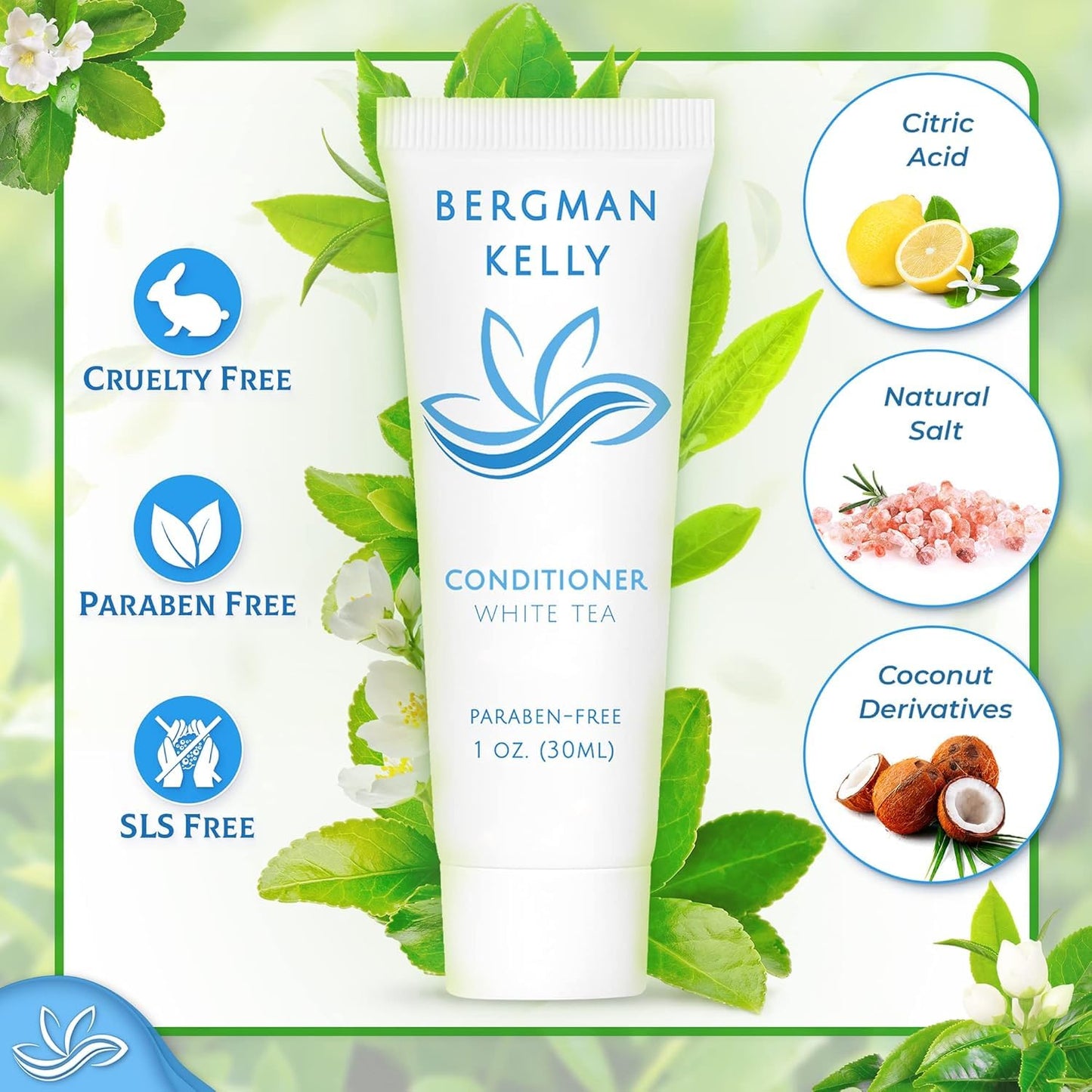 BERGMAN KELLY - Hotel Conditioner - 1 fl oz, 200 PK, White Tea - Delight Your Guests with Revitalizing and Refreshing Travel Size Conditioner - Small Size Travel Amenities Hotel Toiletries in Bulk