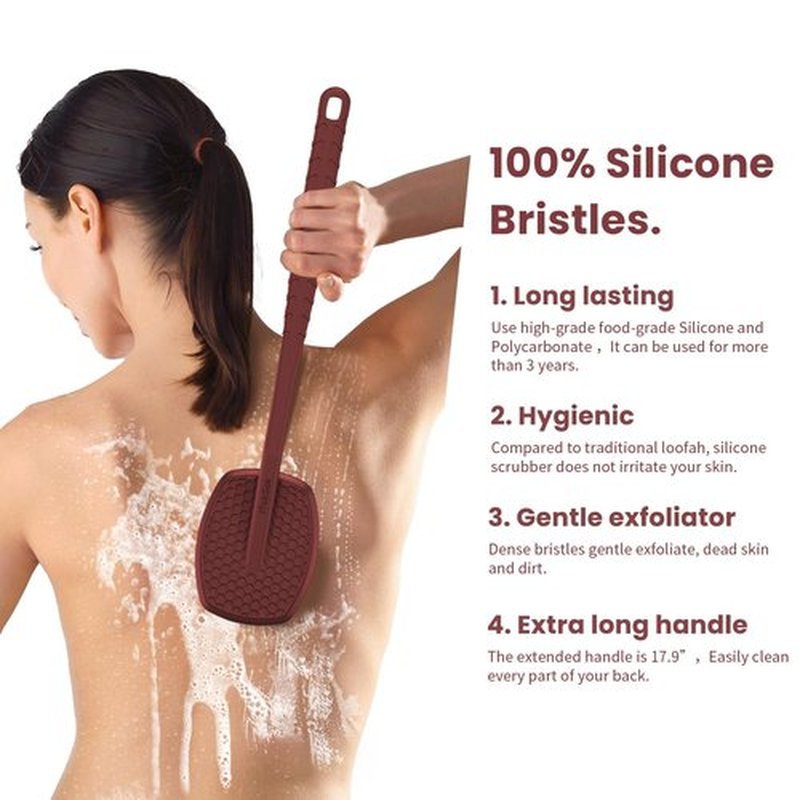 iTokGoK® All New Premium Silicone Back Scrubber with Tire Anti-Slip Long Handle for Shower, Gentle Exfoliating and Massage Brush Scrubber for Sensitive Skin for Men and Women (Burgundy)