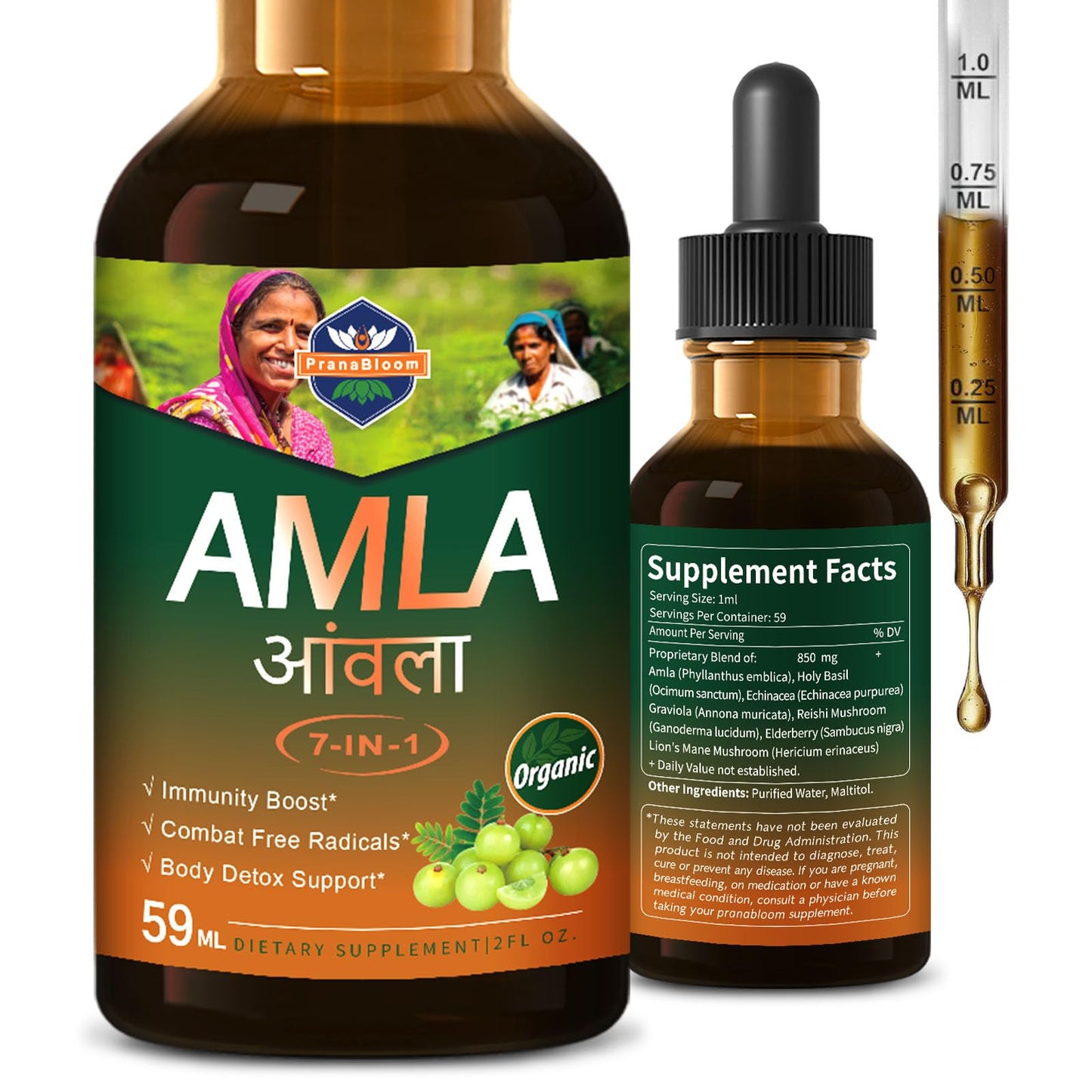 PranaBloom Amla Extract Drops 2oz for Immune Support, Fast-Absorbing Liquid Alternative to Capsules & Powder, Indian Gooseberry Fruit Natural Vitamin C Supplement for Liver & Gut Detox with Elderberry