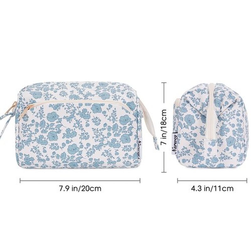Narwey Cute Floral Makeup Bag Wide-open Make up Bag Travel Cosmetic Organizer Toiletry Bag for Cosmetics Toiletries Accessories (Little Blue Flower)