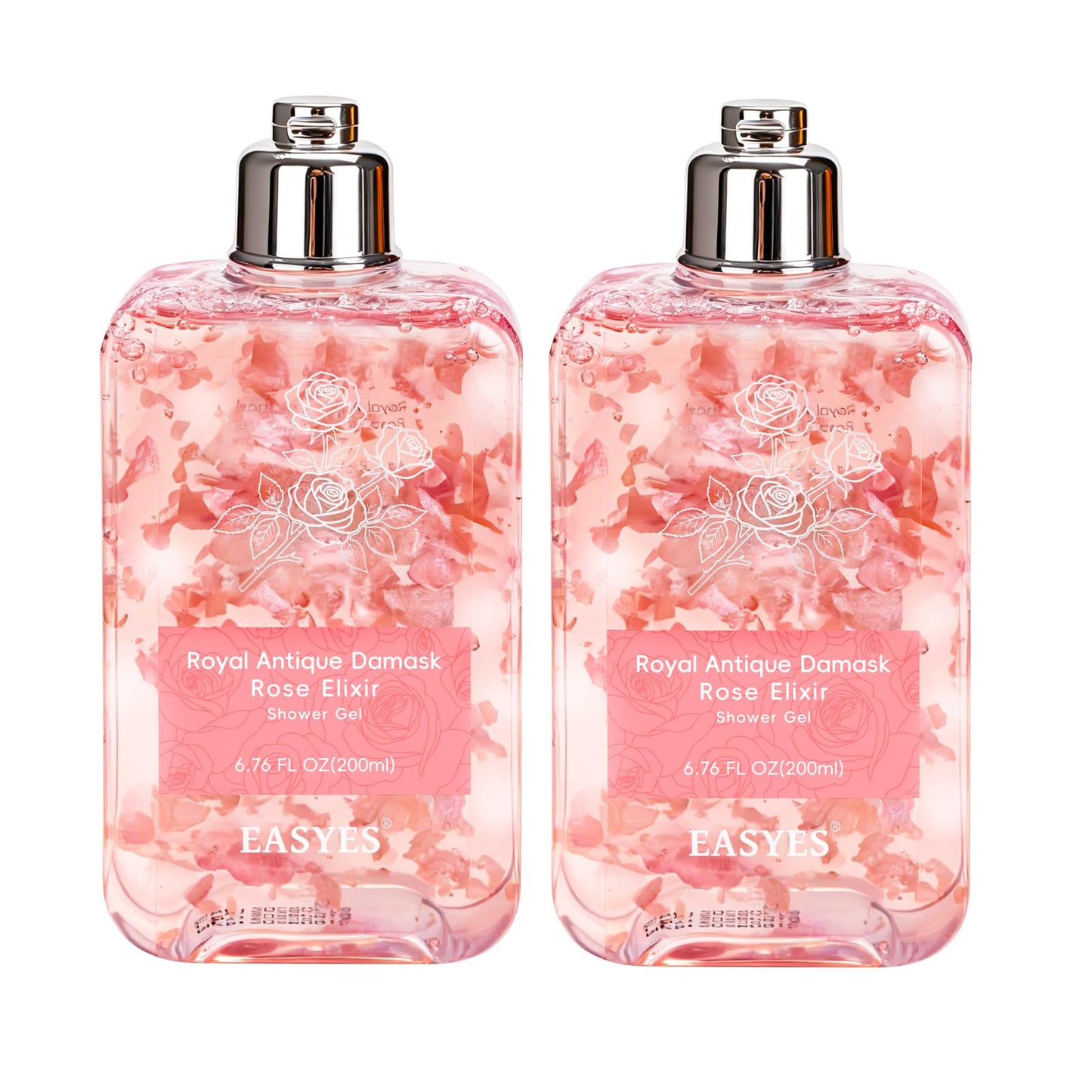 Easyes Rose Essence Body Wash for Women, Damask Rose Shower Gel with Real Rose Petals, Natural Moisturizing Hydrating Bodywash with Hyaluronic Acid, Ceramides & Coconut Oil Rich Floral Fragrance 14 oz