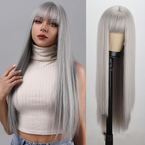 MISSQUEEN Silver Grey Wig with Bangs For Women Long Straight Wigs 30inch Synthetic Natural Look Heat Resistant Wigs for Daily Party Cosplay Travel Used