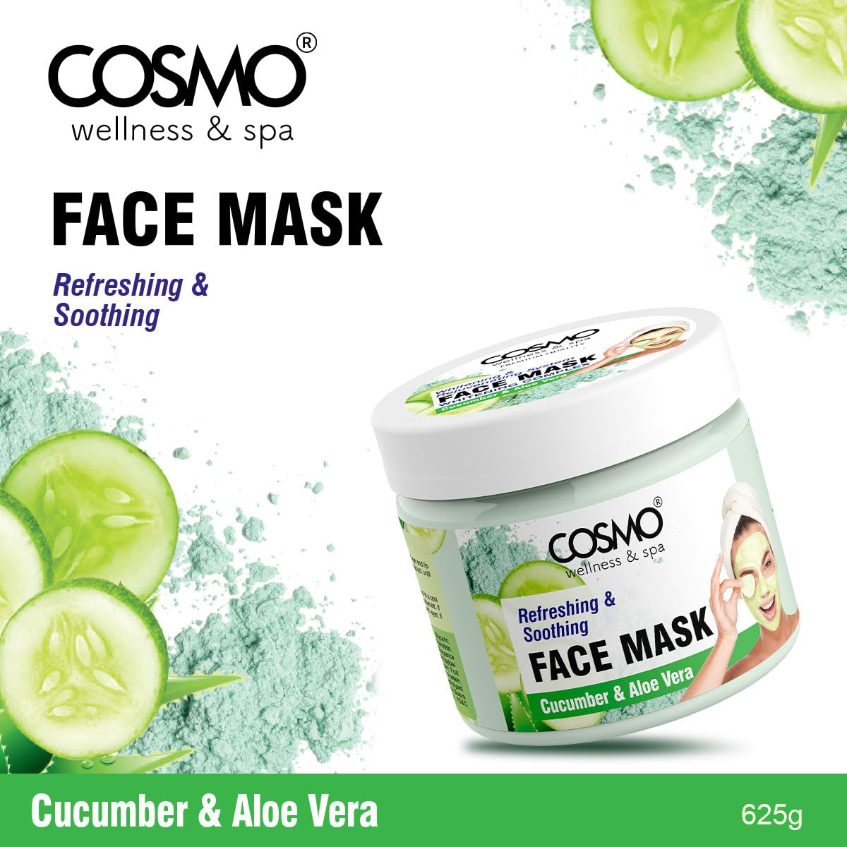 Cosmo Skin Care Cucumber & Aloe Vera Face Mask 625g/22.0oz, Refreshing, Soothing, Skin Rejuvenate, Pore Clearing, Boost Collagen, Skin Treatment Mask, All Skin Types, For Men & Women, Face Wash