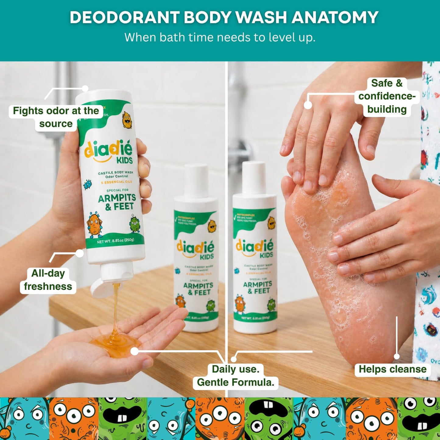 Diadié Kids Natural Castile Liquid Body Odor Soap/Wash, For Armpits, Boys or Girls, Made With 5 Essential Oils, 8.81 oz, 1 Pack