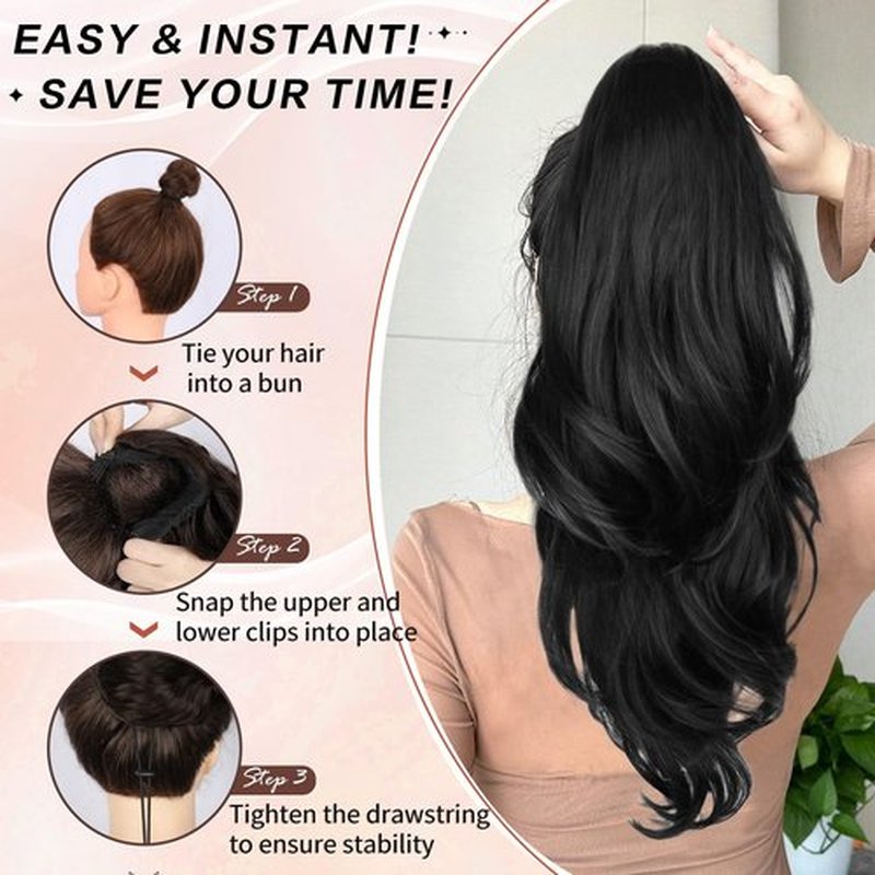 CHRSHN Ponytail Extension, Drawstring Ponytail Extension for Women Long Black Wavy Pony Tails Hair Extensions Synthetic Clip in Ponytail Hairpiece for Women (23 Inch)