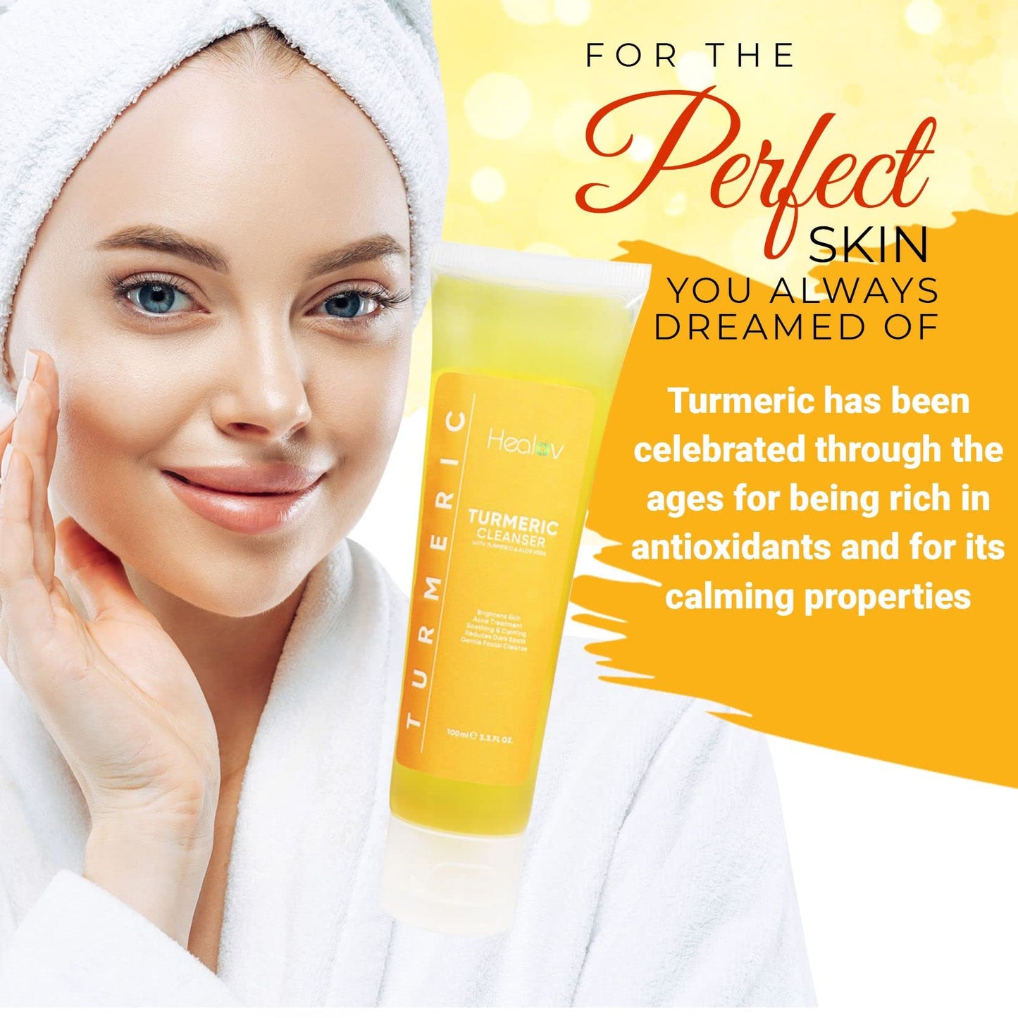 Healov Turmeric Face Wash, Turmeric Clear Skin Liquid Soap – 100% Natural Anti Aging Exfoliating Facial Cleanser for Spots, Clearing Acne Scars, Age Spots, Sun Damage, Discoloration – Bath Soap