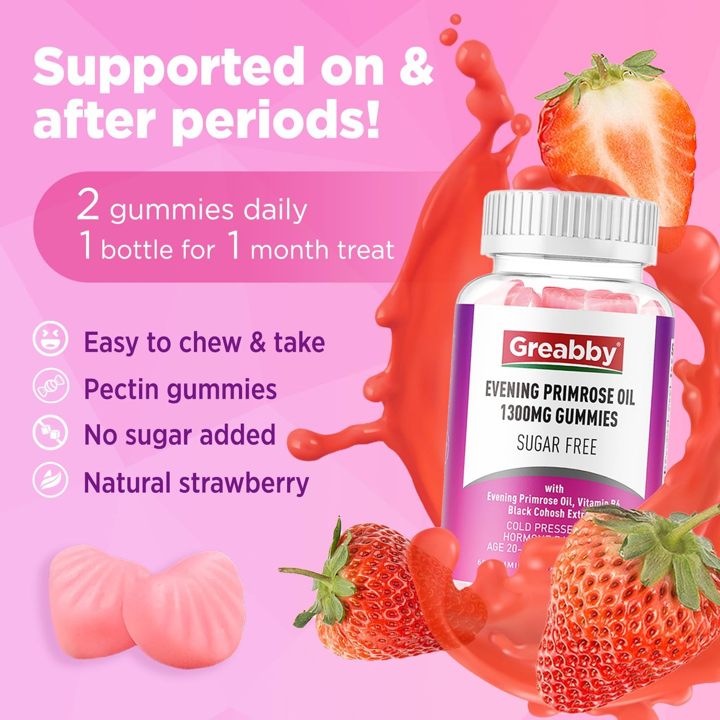 GREABBY Evening Primrose Oil Gummies 1300mg with Black Cohosh & Vitamin B6, Sugar-Free, PMS Relief Supplements for Women 20-45, Chewable PMS Gummies, Strawberry Flavor, Vegan, Pectin, 60 Count