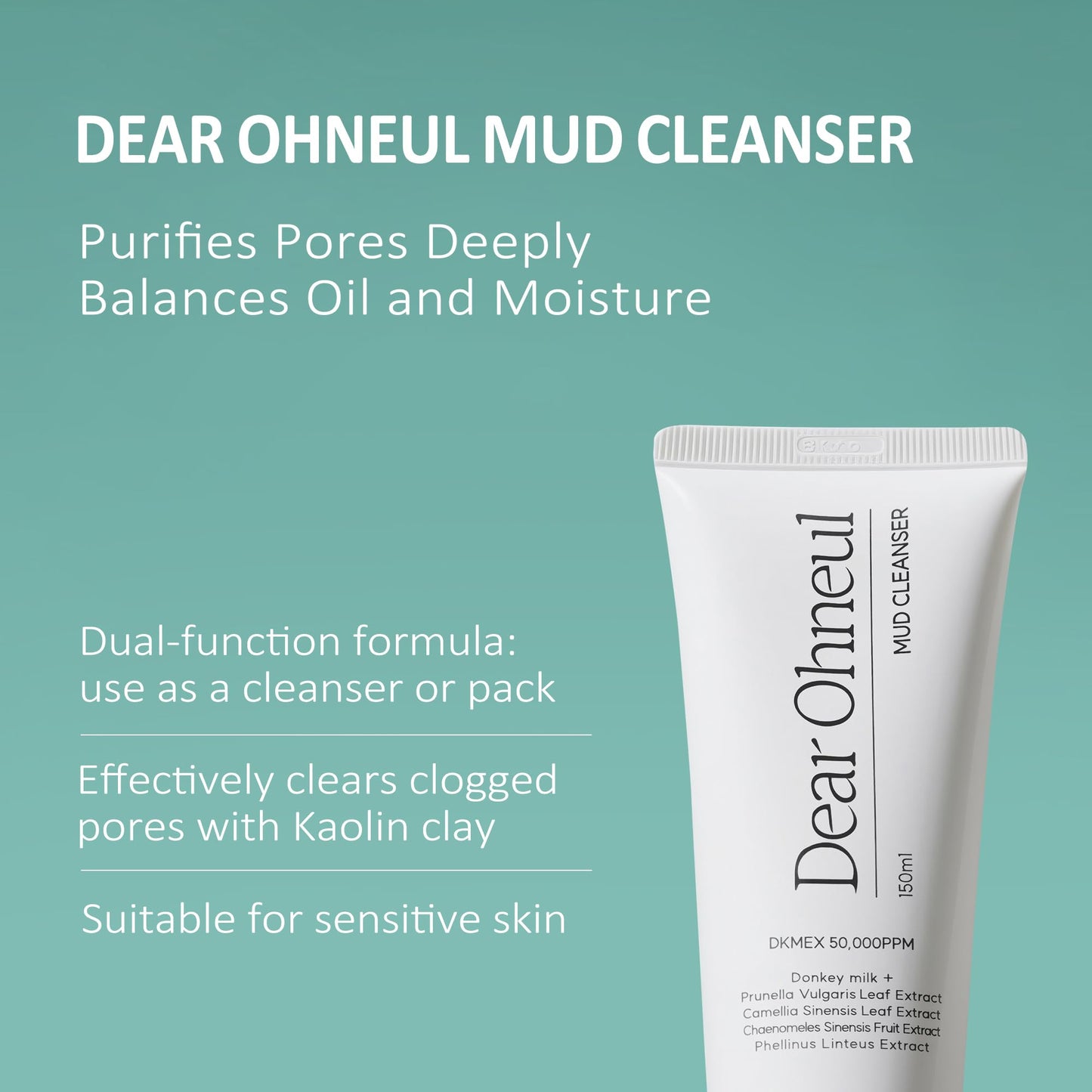 Dear Ohneul Mud Cleanser | 120ml 4.06 Fl. Oz | 2-in-1 Cleanser & Mask | Donkey Milk | Pore Refining | Deep Cleanse | Kaolin Clay | Moisturizing | Korean Skincare