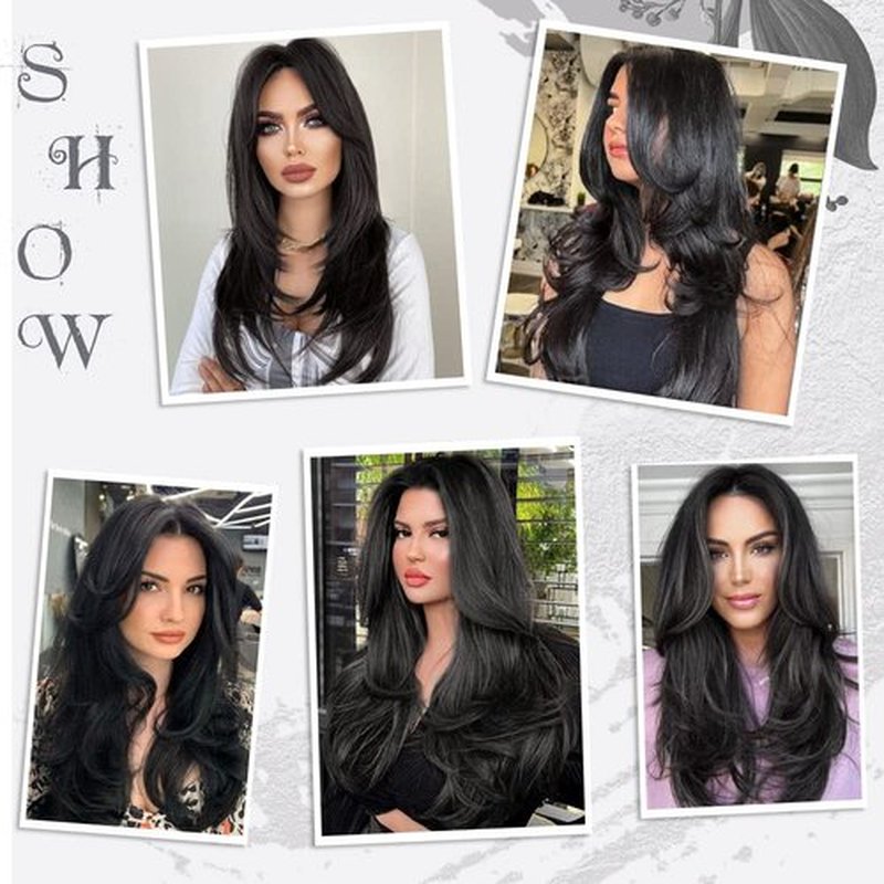 FREEMEIGE Black Hair Extensions Clip in Hair Extensions for Women Straight Layered Hair Extensions Synthetic Heat Resistant Long Wavy Daily Use 20 Inch