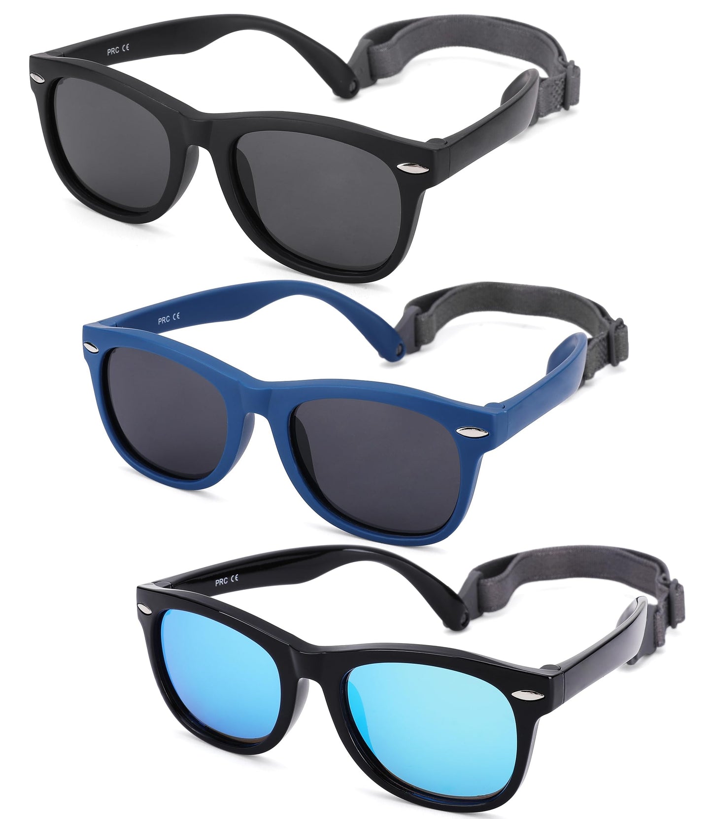NULOOQ Polarized Baby Sunglasses with Strap - Unbreakable Flexible Infant Sunglasses for Toddlers Age 0-24 Months (Balck + Blue/Gray + Green Pink/Gray) - 3 Pack