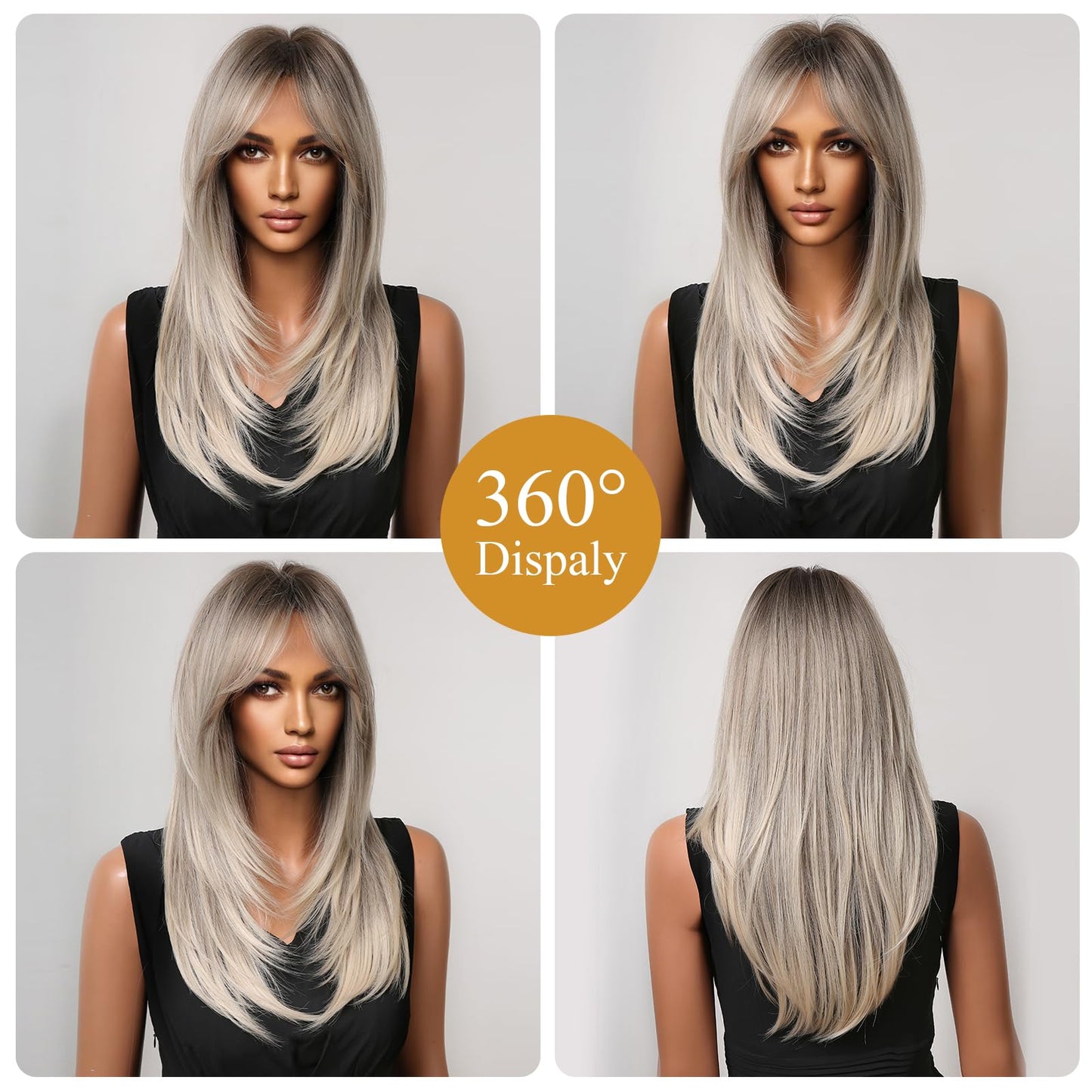 testar Ombre Gray Wigs With Curtain Bangs Long Straight Wigs for Black Women With Dark Roots Synthetic Layered Hair Wigs for Daily Use Natural Looking 24IN
