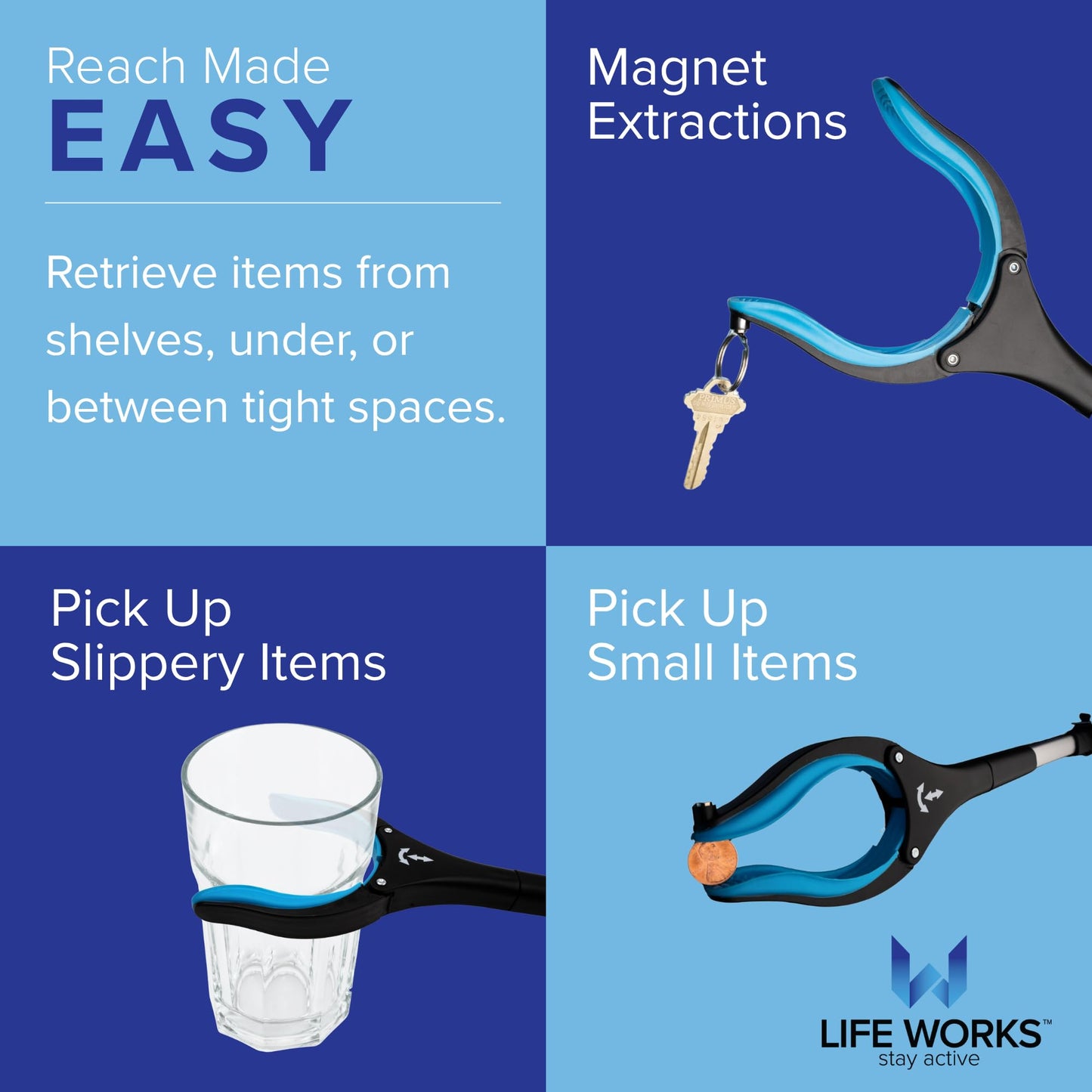 LIFE WORKS Reacher Grabber Tool, 360° Rotating Head, 4.5” Jaw Opening, Ergonomic Handle, Folds for Storage, Aids in Reaching Items High or Low, Surgery Recovery, Hip Replacement (2 Pack)