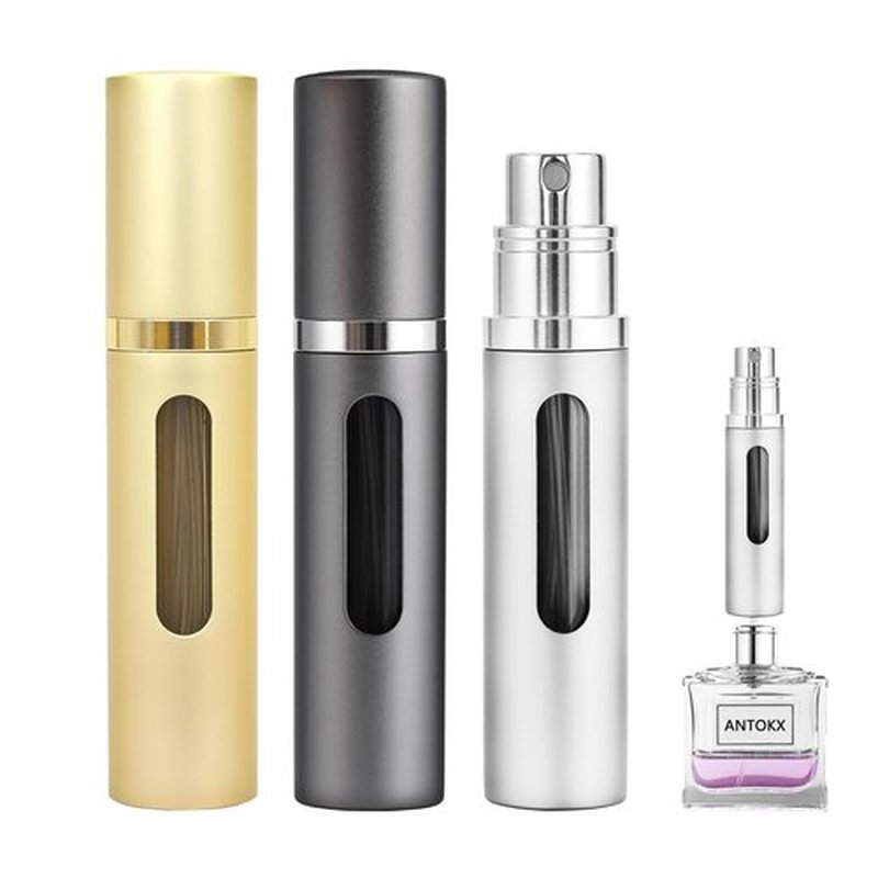 ANTOKX Perfume Travel Refillable Atomizer - 3-Pack 5ML Pocket Perfume Atomizer, Travel Perfume Atomizer Refillable Perfume Spray Bottle, Portable Perfume Sprayer (Gold & Gray & Silver)