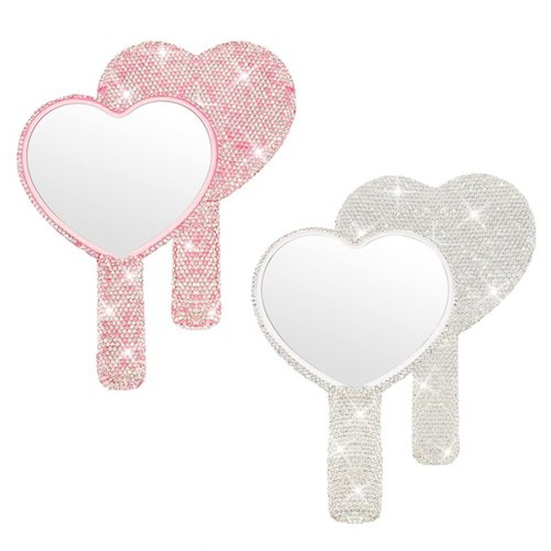 Tatuo 2 Pcs Rhinestone Mirror Handheld Bling Heart Lip Shaped Mirror Glitter Cosmetic Hand Mirror with Handle Portable Cute Travel Makeup Lash Mirror for Women Girls(Pink and White, Heart)
