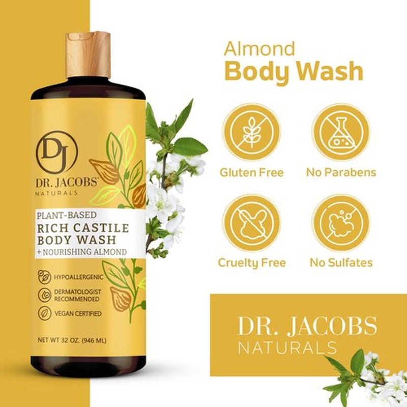 DR. JACOBS NATURALS Castile Almond All-Natural Body Wash for Moisturizing Dry and Sensitive Skin Shampoo with Plant-Based Ingredients Gluten, Preservatives-Free Formula - 32 oz, Pack of 2