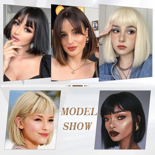 SOFEIYAN Short Straight Ombre Brown Bob Wigs with Bangs Synthetic Wigs Colorful Daily Party Cosplay Hair Wig for Women Ladies 12 inch Short Bob Wigs