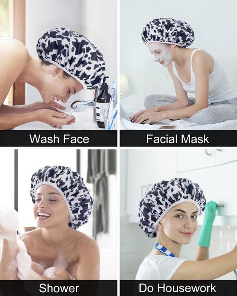 Auban Shower Cap, Shower Cap for Women Terry Cloth Lined EVA Exterior Reusable Double Layer Waterproof, Large Bath Hair Cap for All Hair Lengths, Hotel Travel Essentials Accessories Deep Conditioning