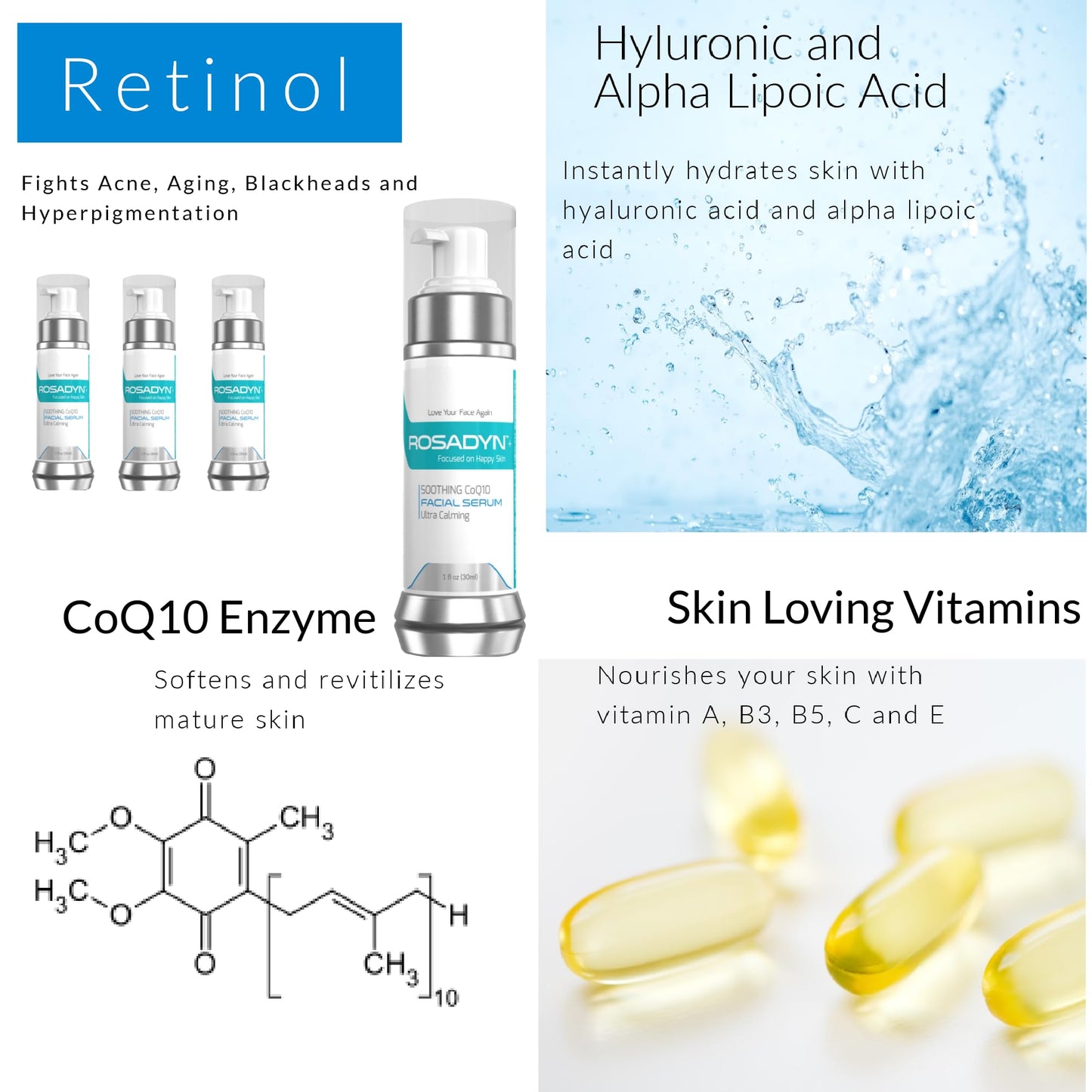 Sensitive Skin and Redness Face Serum with Vitamin C and CoQ10 and Hyluronic Acid by Rosadyn+| Anti-Aging, Hydrating, Gentle Treatment Moisturizer | Helps even out Complexion | Helps reduce Facial Redness