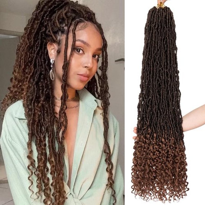 Leeven 36 Inch 7 Packs Goddess Locs Crochet Hair Ombre Brown Pre-looped Long Bohemian Crochet Faux Locs Hair With Curly Ends 84 Strands Synthetic Soft Locs Hair Extensions for Black Women T30#