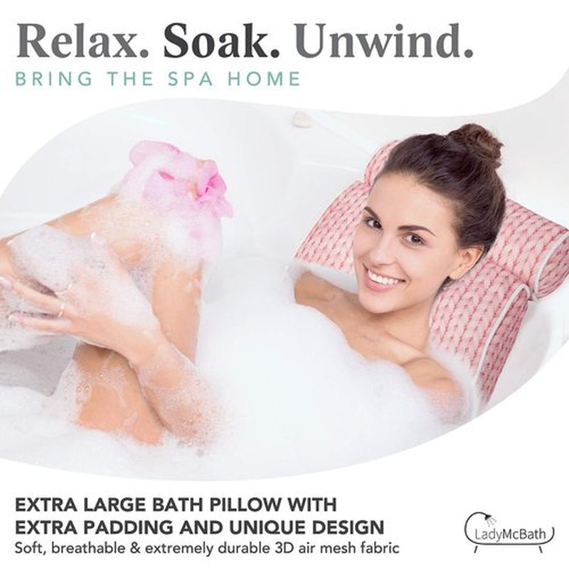 Lady McBath Bath Pillow - Luxury Bath Pillows for Tub Neck and Back Support - Powerful Suction Cups, Machine Washable Bathtub Accessory for Relaxation (Peach)