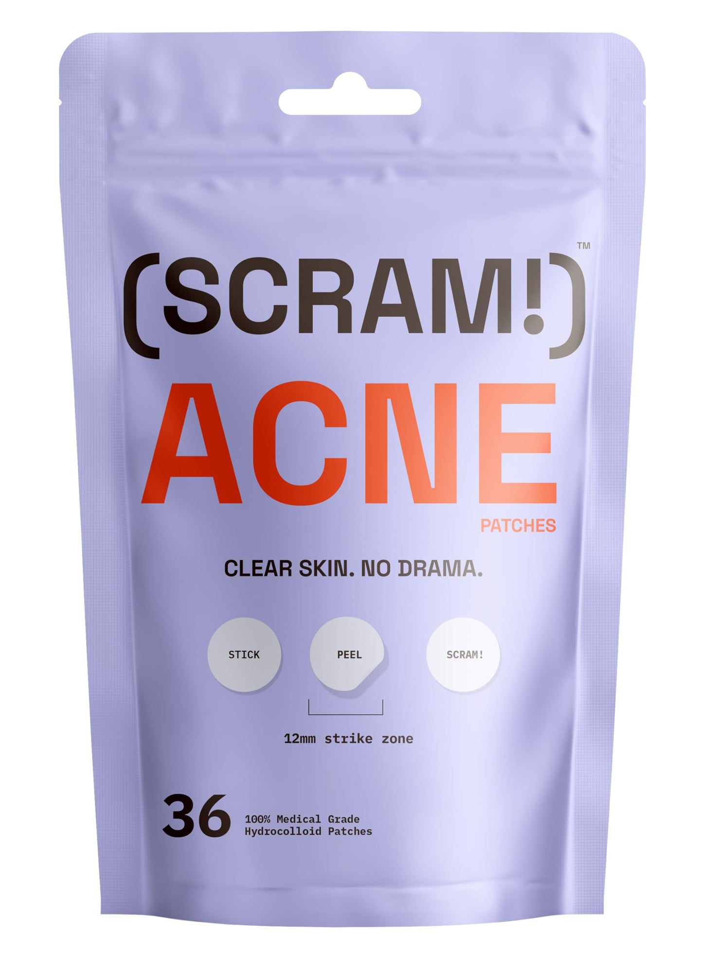 SCRAM! Acne Patches – 100% Medical Grade Hydrocolloid Acne Pimple Patch for Zits and Whiteheads; Fast Acting Spot Patch For Face And Skin (36 Count)