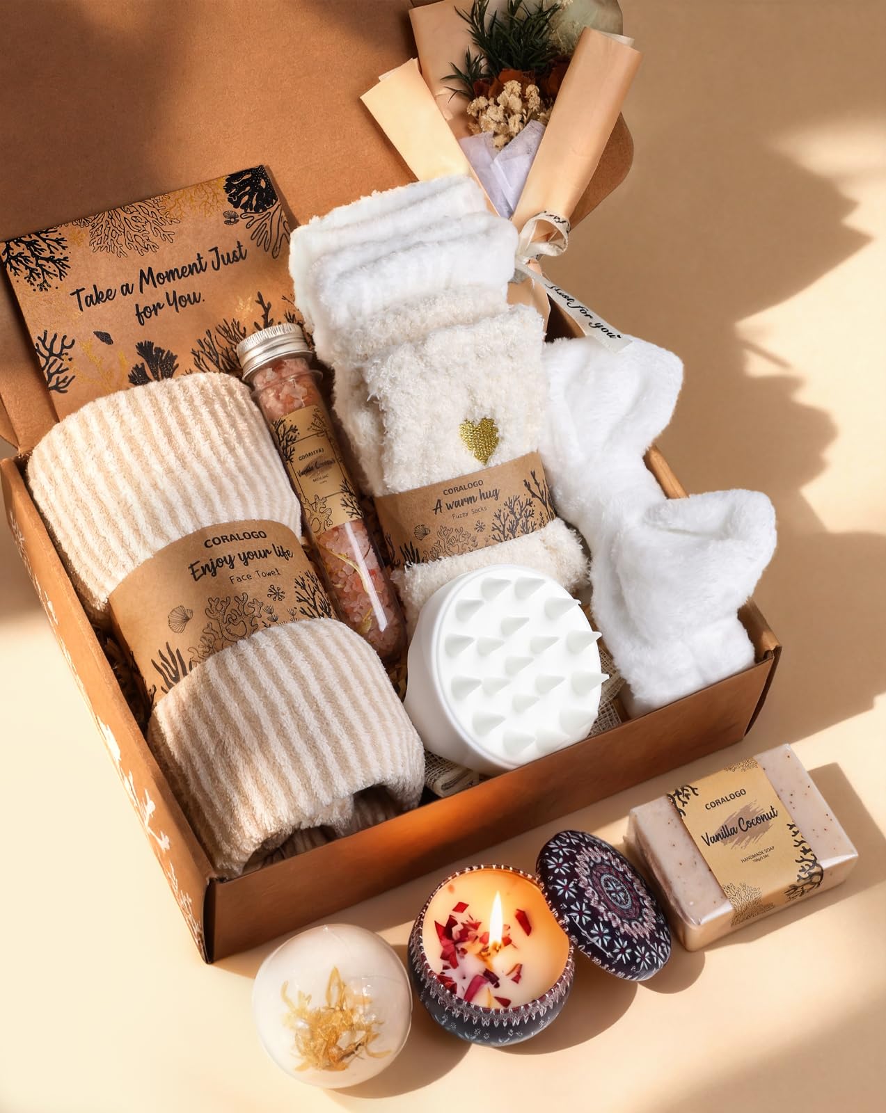 Coralogo Natural Spa Gift Baskets - Natural Pampering Spa Set, Self-Care Get Well Soon Thinking of You Basket,Thank You Gifts, Unique 11pcs Gift Set for Women Wife Mom Her Birthday