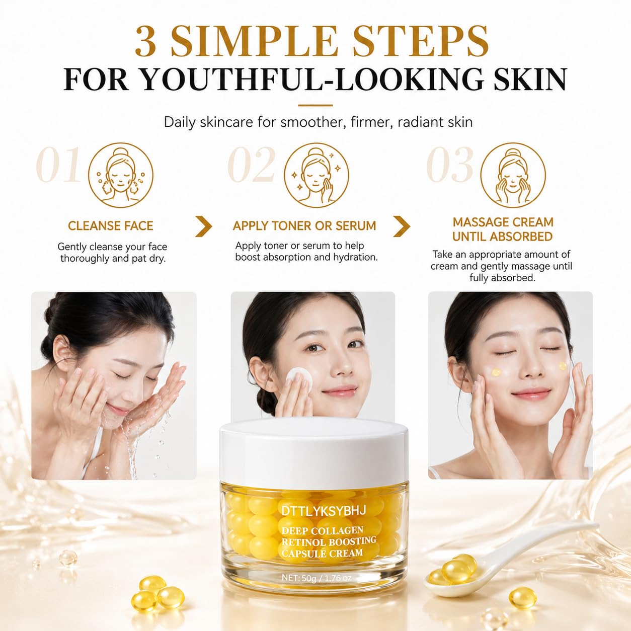Deep Collagen Retinol Capsule Cream, 1.76 fl.oz - Golden Face & Neck Moisturizer with Hyaluronic Acid, Firming Hydrating Smoothing for All Skin Types